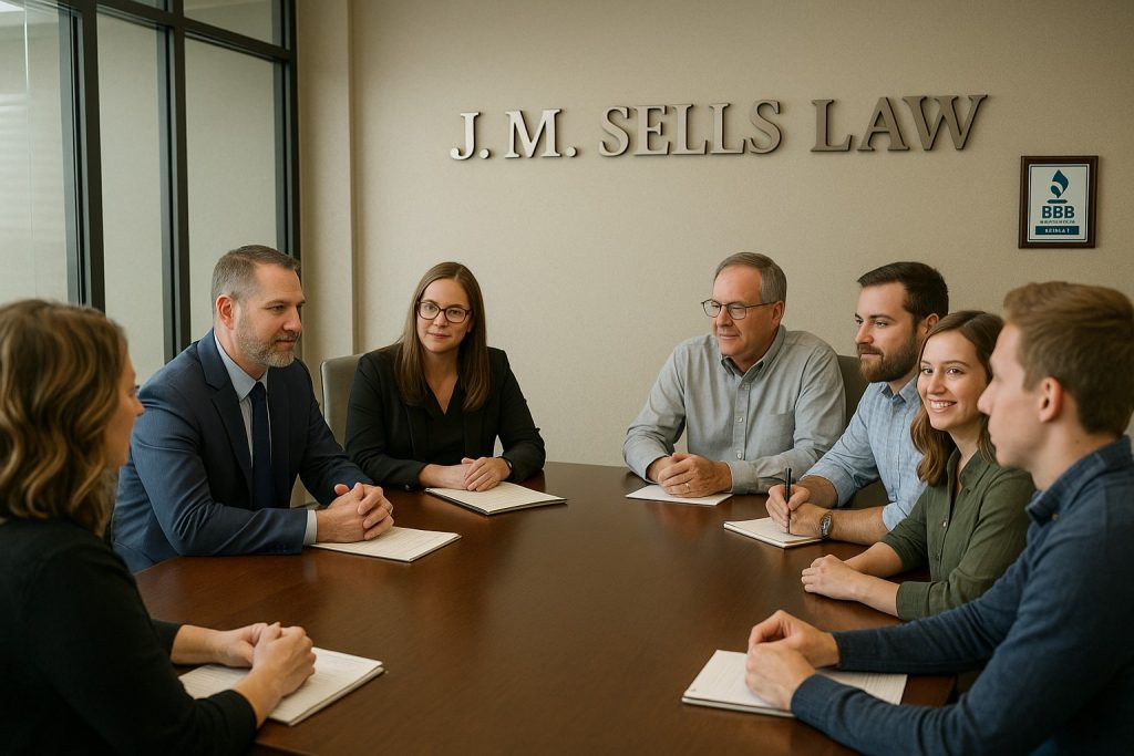 Seven-person J. M. Sells Law team meeting in conference room Seven-person J. M. Sells Law team meeting in conference room